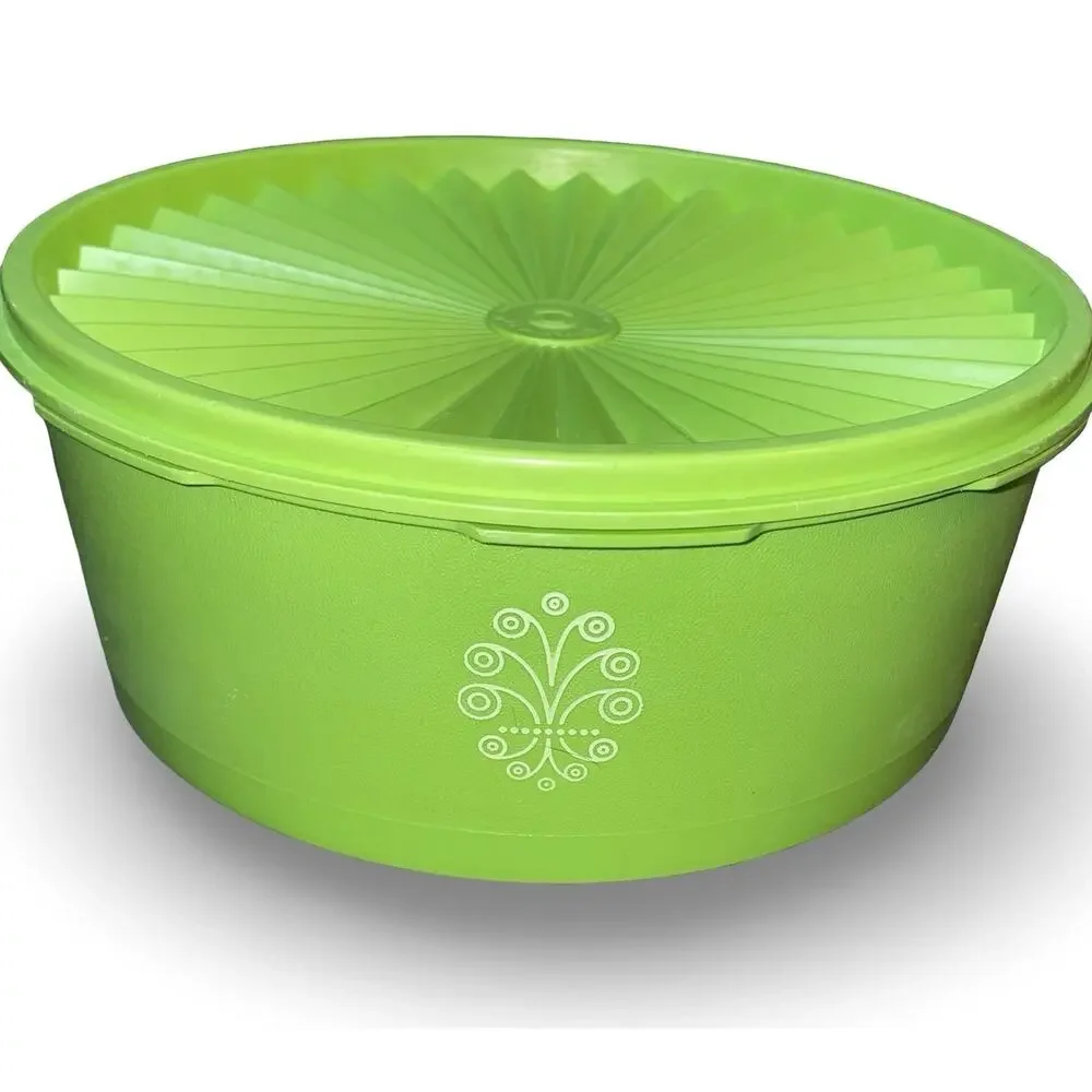 Tupperware 1204 Servalier Bowl Lime Green Heritage Floral Diamond Lid 1205 VTG